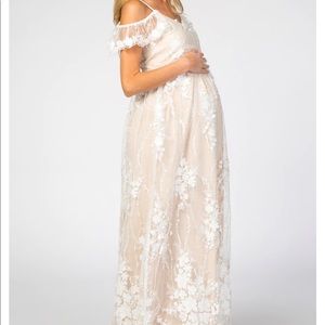 PinkBlush Ivory Floral Embroidered Mesh Maternity Evening Gown